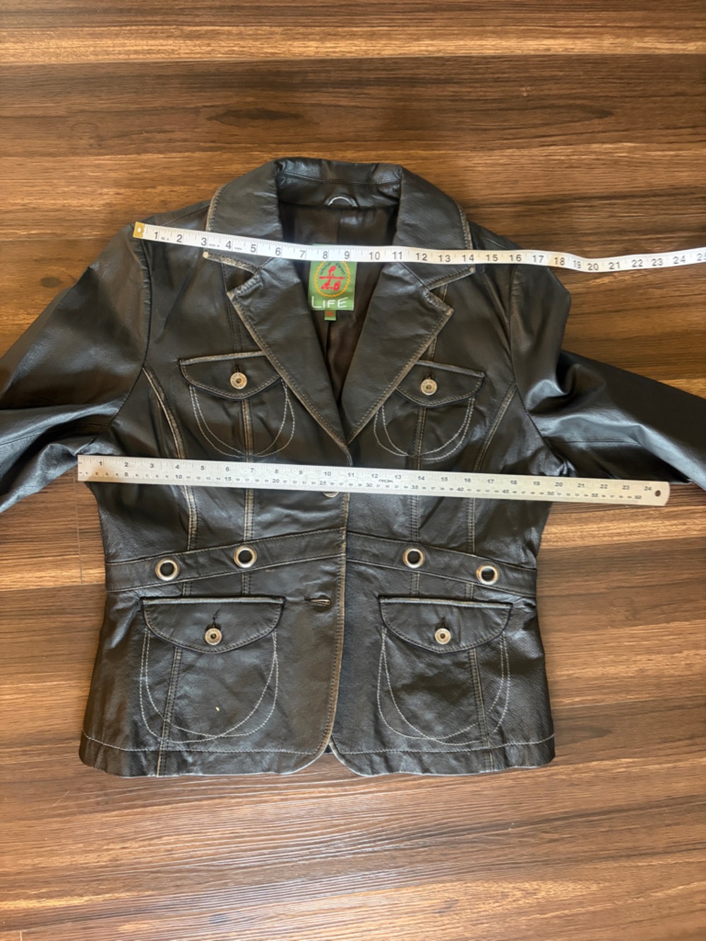 Women's Black Leather Button-Front Blazer - Picture 14 of 16